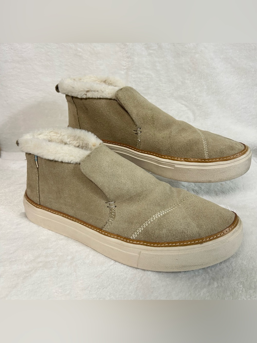 Toms Women's Ankle Bootie Size 7 Beige Paxton Suede Faux Fur Slip On Lined